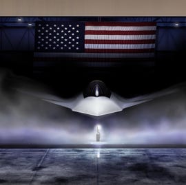 ngad f-47 fighter ngad fighter rendering showing a white plane body with a bat shaped window on the cockpit. an american flag is in the background hanging from the top of the hangar. white smoke is all around the plane.