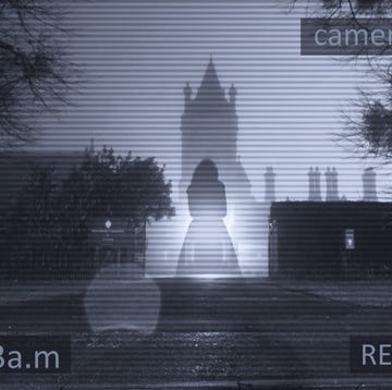 ghost hunting explained a floating transparent ghostly woman standing in front of a gothic old tower with a cctv surveillance edit